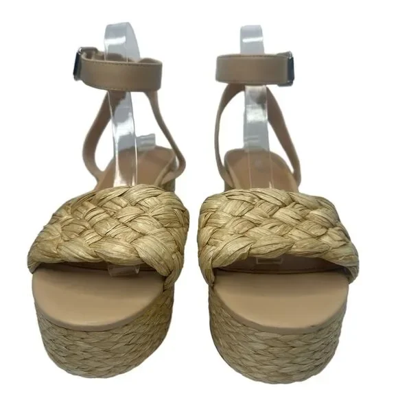 Marc Fisher Platform Sandal 10 Espadrille Neutral Summer Chic Raffia Beige Steel - Picture 3 of 13